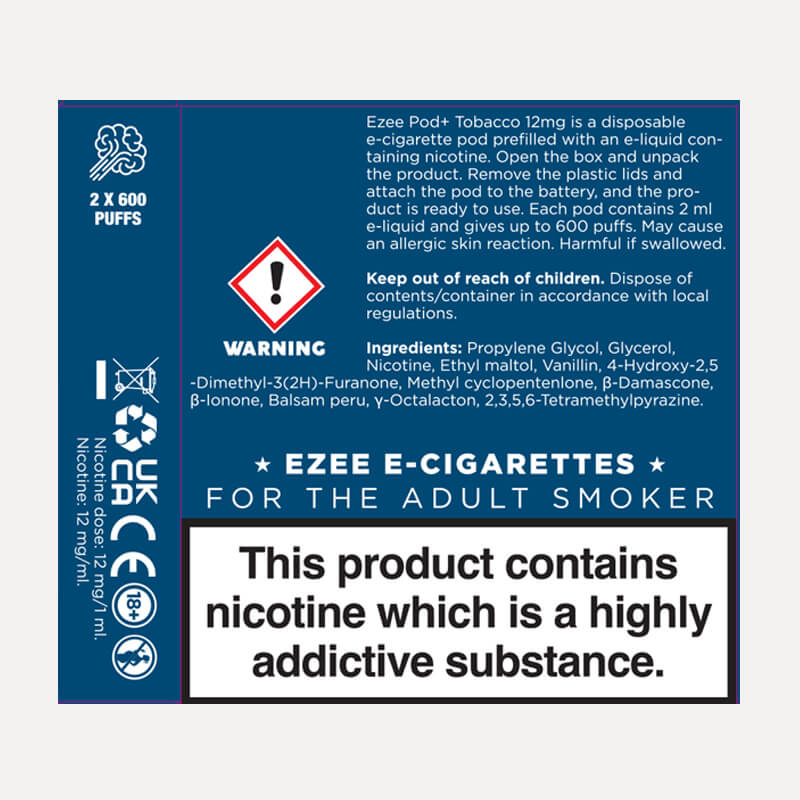 Ezee 電子 タバコ ポッド タバコ味 ニコチン12mg/ml 2本入り